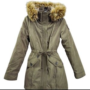 Abercrombie & Fitch Olive Utility Jacket  Sherpa Lined with Faux Fur Hoodie Zips